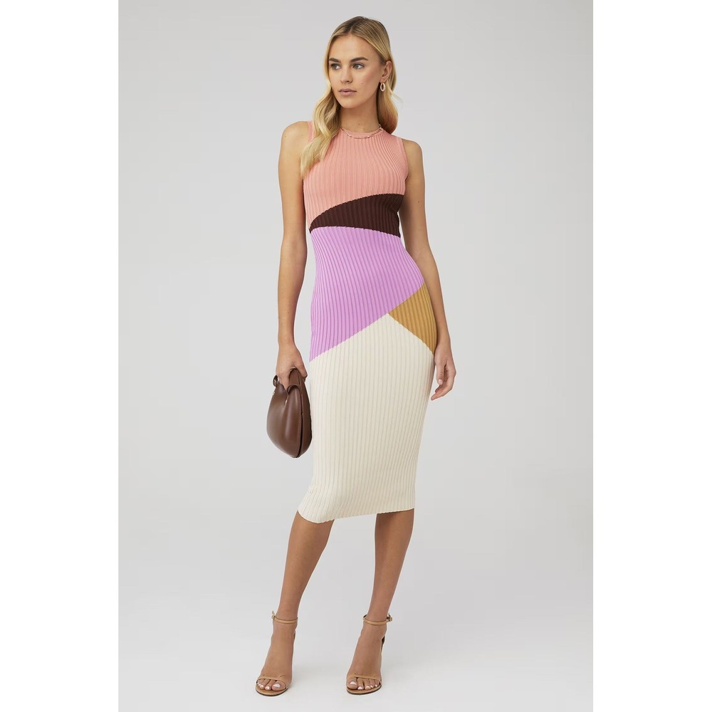 MINKPINK X FASHIONPASS EVIE KNIT MIDI DRESS Women's S Pink Brown Purple Bodycon